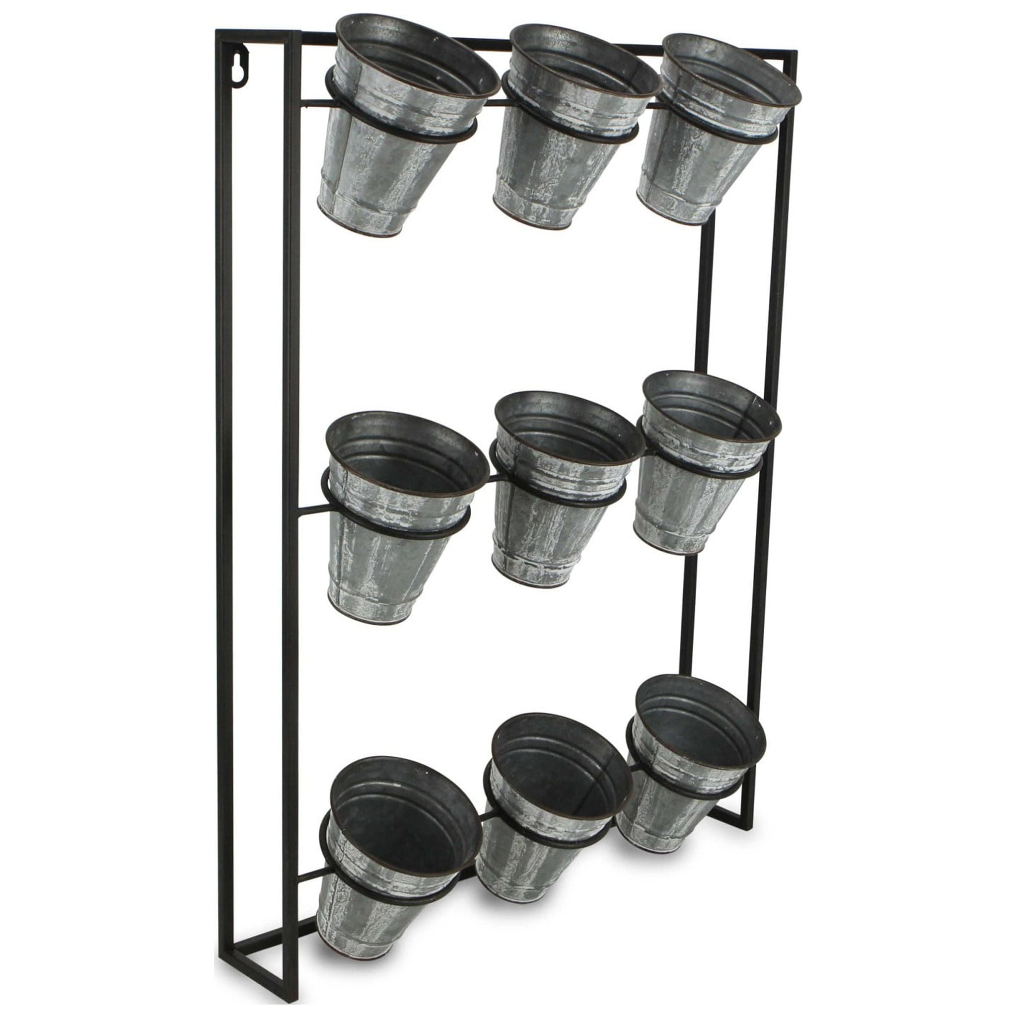 Nine Pot Black Metal Framed Wall Planter with Silver Buckets