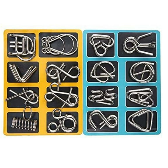 Nine Ring Set Links Game Chinese Puzzle, Kid Brain Teaser Toy 2Pc Unlock Toy 8-Piece, English Version (Blue + Yellow), 2 X Nine Rings