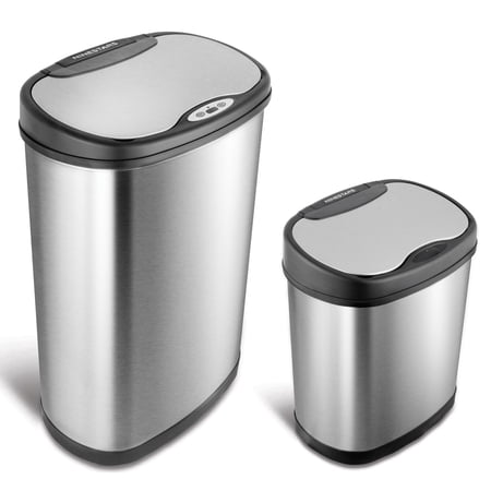 Nine Stars Automatic Kitchen Trash Can Combo, 13.2 Gal + 3.2 Gal Stainless Steel, Motion Sensor Garbage Bin with Soft Close Lid, Silver