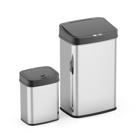 Nine Stars Automatic Kitchen Trash Can Combo, 13.2 Gal + 4 Gal Stainless Steel, Motion Sensor Garbage Bin with Soft Close Lid, Silver