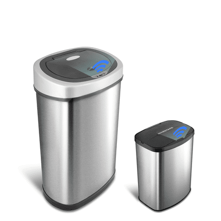 Nine Stars Automatic Kitchen Trash Can Combo, 13.2 and 2.1 Gallon Stainless Steel Motion Sensor Garbage Bin with Soft Close Lid, Silver
