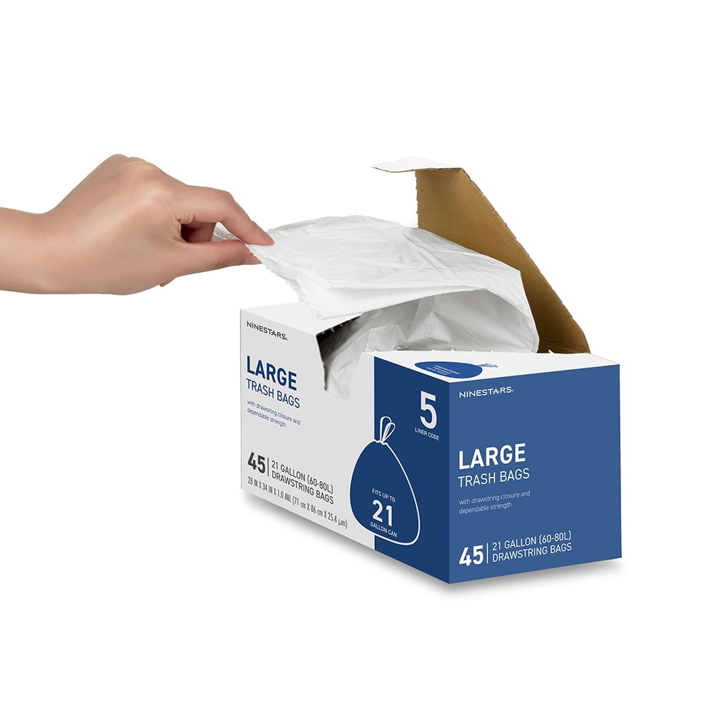 Nine Stars Kitchen Trash Bags, 21-Gallon Heavy-Duty Drawstring Trash Bags, 45 Count