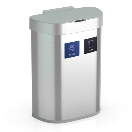 Nine Stars Dual-Compartment Motion Sensor Automatic Kitchen Trash Can, 21 Gallon Stainless Steel, Recycle Bin, Motion Sensor Hands-Free Soft-Close Garbage Bin, Silver