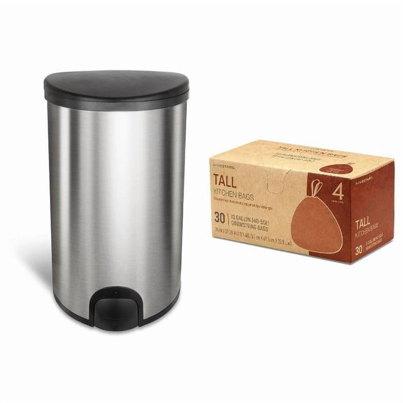 Nine Stars Toe Touch Automatic Trash Can, 13 Gallon Stainless Steel, Foot Sensor Hands-Free Soft-Close Lid Garbage Bin, Silver with Trash Bags
