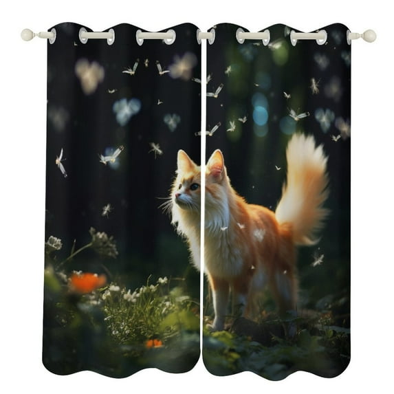 Nine Tailed Fox Chasing Butterfly 2 Panel Curtain Set, Watercolor Painting Window Treatment Living Room Bedroom Decor