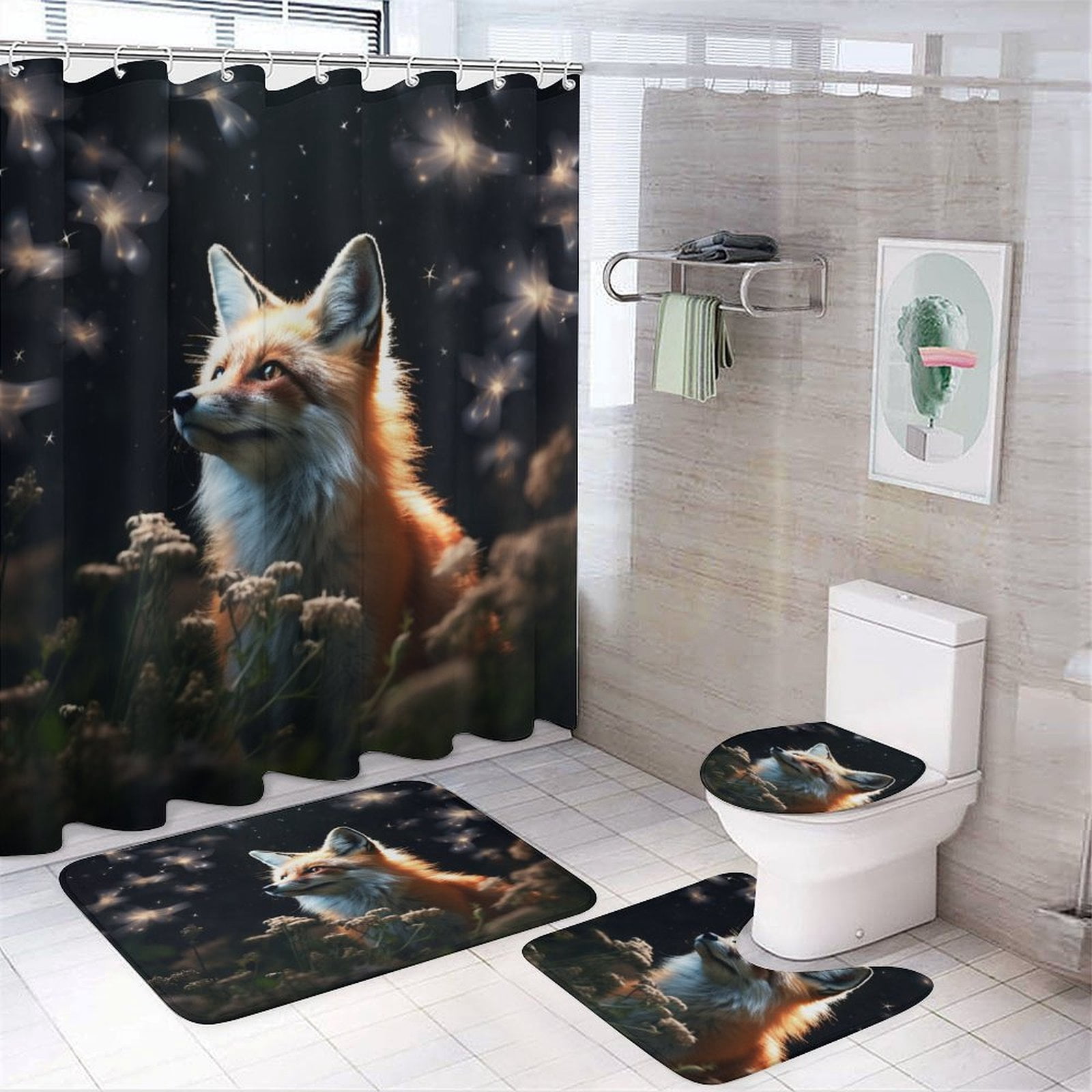 Nine Tailed Fox Chasing Butterfly 4 Pcs Shower Curtain Set with Rug Bathroom Sets with Waterproof Fabric And Non-Slip Rugs Toilet Lid Cover Bath Mat Decor with Hooks