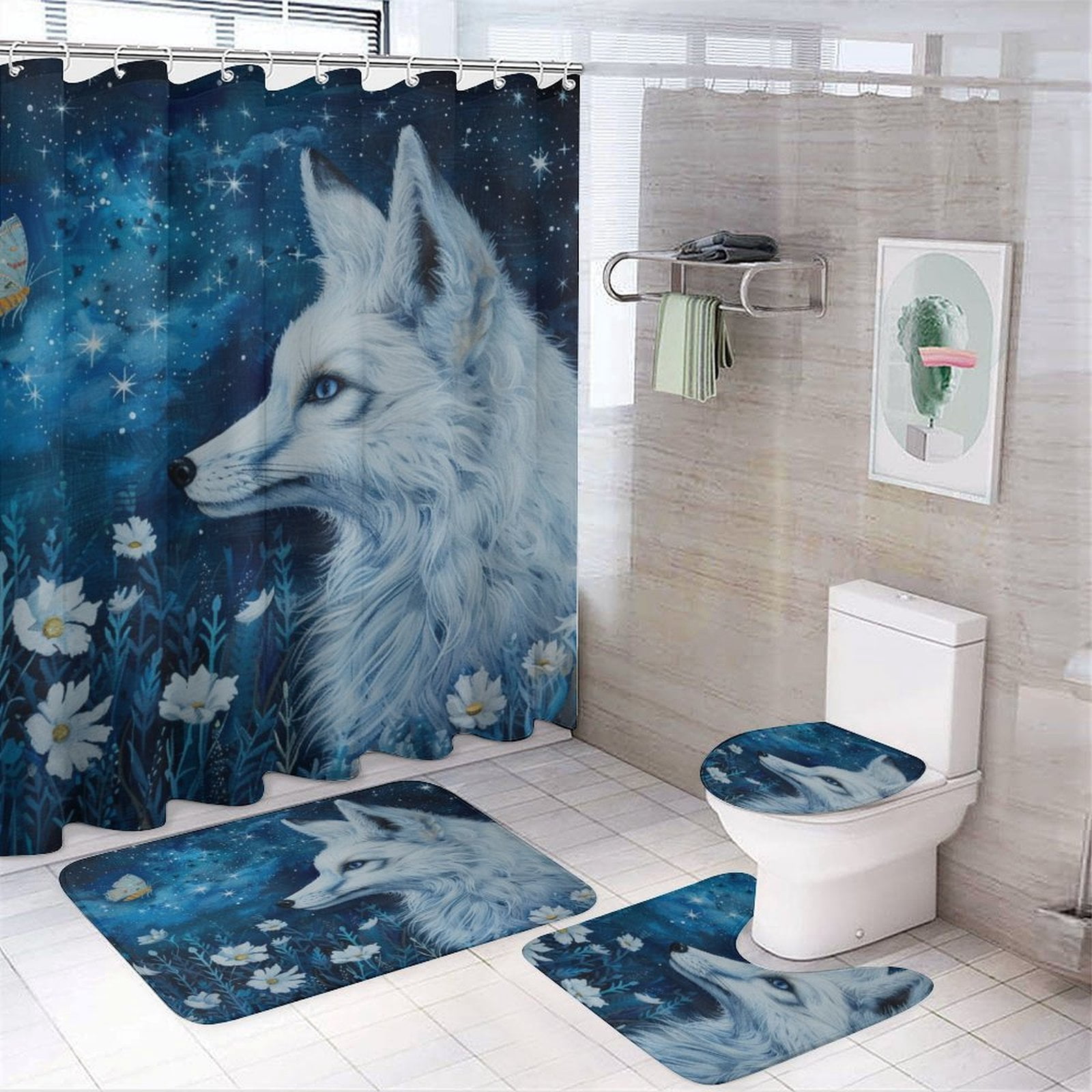 Nine Tailed Fox Chasing Butterfly 4 Pcs Shower Curtain Set with Rug Bathroom Sets with Waterproof Fabric And Non-Slip Rugs Toilet Lid Cover Bath Mat Decor with Hooks