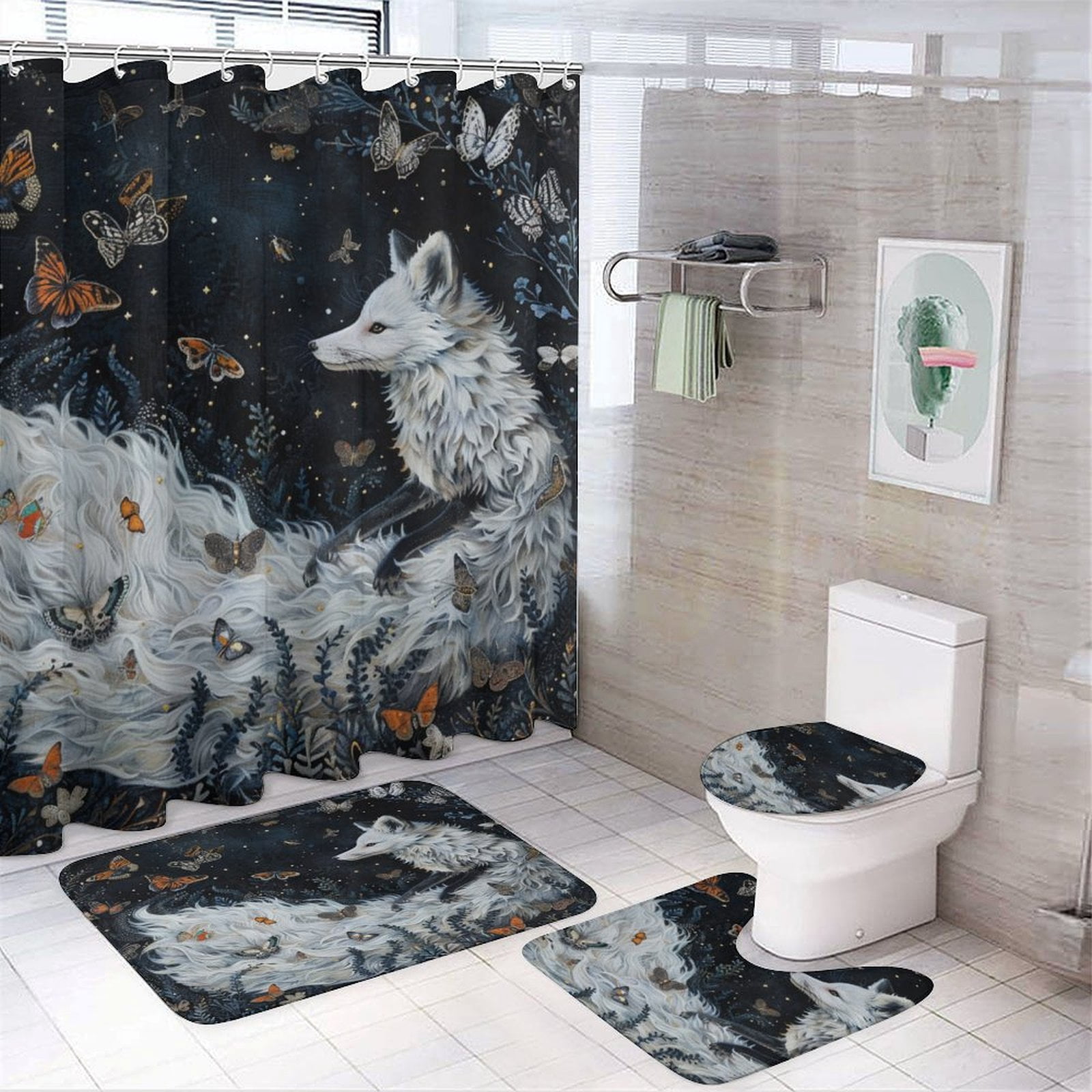 Nine Tailed Fox Chasing Butterfly 4 Pcs Shower Curtain Set with Rug Bathroom Sets with Waterproof Fabric And Non-Slip Rugs Toilet Lid Cover Bath Mat Decor with Hooks