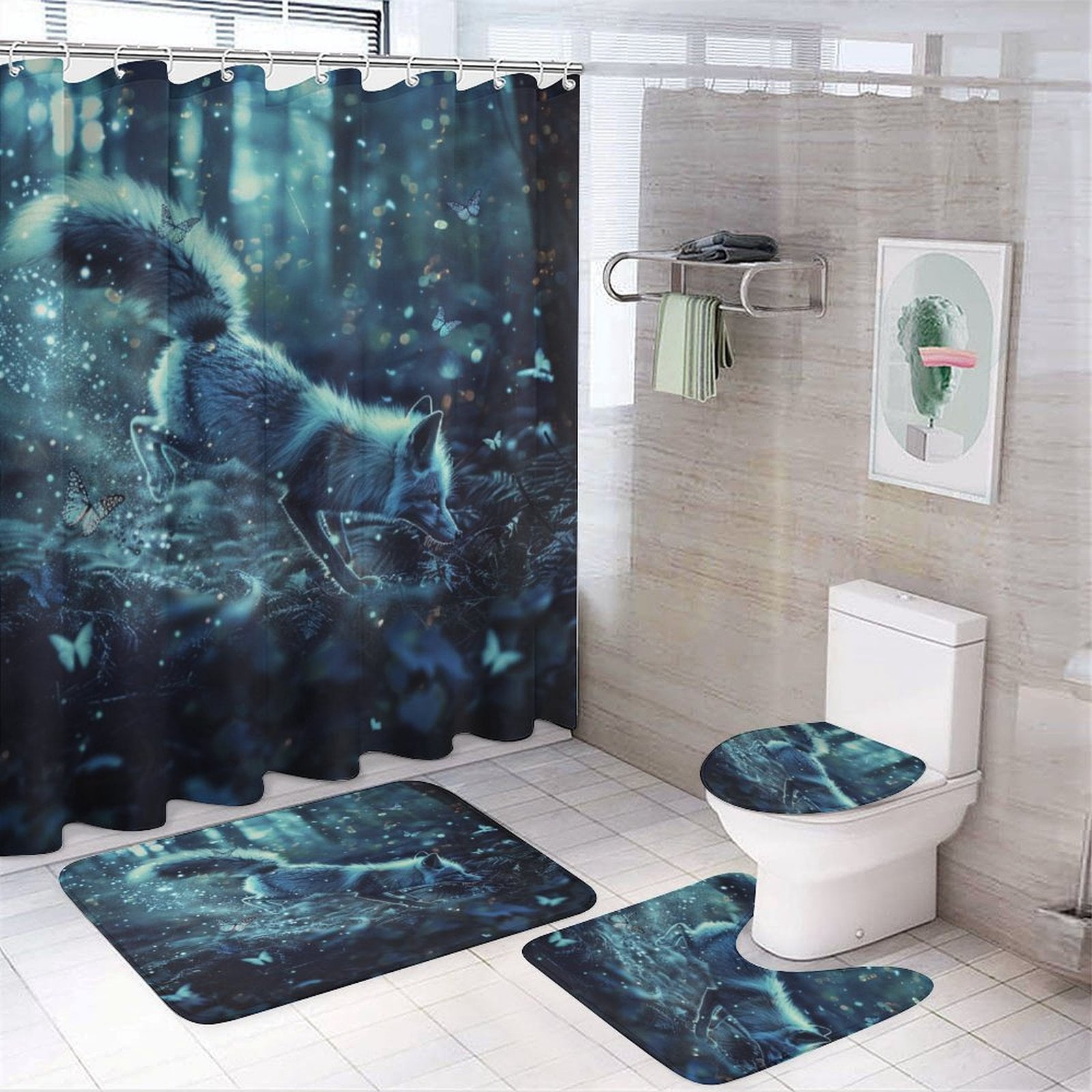Nine Tailed Fox Chasing Butterfly 4 Piece Shower Curtain Sets, Non-Slip Rugs, Toilet Lid Cover And Bath Mat, for Bathroom Decor Set, 72" X 72"