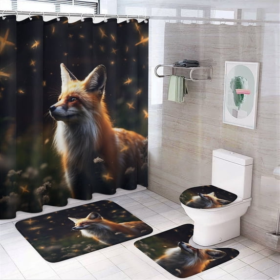 Nine Tailed Fox Chasing Butterfly 4PCS Shower Curtain Sets with Rugs with Non-Slip Bath Mat Toilet Rug,72" X 72"