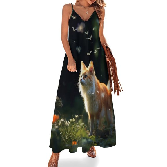 Nine Tailed Fox Chasing Butterfly Design Sleeveless Dress Woman Fashion Long Dresses Women's Summer Suit Dress 2025
