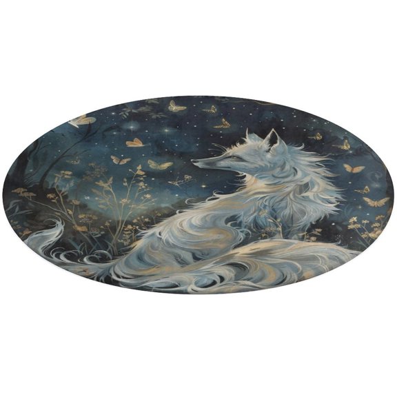 Nine Tailed Fox Chasing Butterfly Floral Medallion Round Rug - Small Round Area Rug, Soft Non-Slip Machine Washable Bedroom Mat Indoor Accent Entry Carpet for Office Desk Dorm Hallway