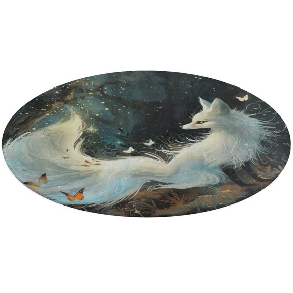 Nine Tailed Fox Chasing Butterfly Floral Medallion Round Rug - Small Round Area Rug, Soft Non-Slip Machine Washable Bedroom Mat Indoor Accent Entry Carpet for Office Desk Dorm Hallway