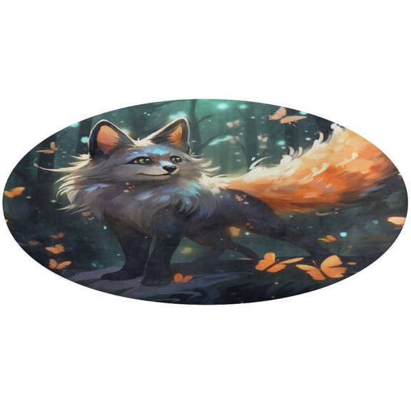 Nine Tailed Fox Chasing Butterfly Floral Medallion Round Rug - Small Round Area Rug, Soft Non-Slip Machine Washable Bedroom Mat Indoor Accent Entry Carpet for Office Desk Dorm Hallway