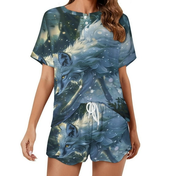 Nine Tailed Fox Chasing Butterfly Pajama Set for Women 2 Piece Sleepwear Loungewear Short Sleeve