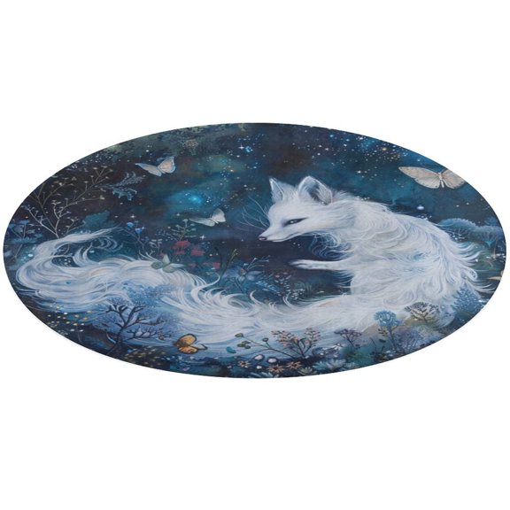 Nine Tailed Fox Chasing Butterfly Round Rugs -Washable Non-Slip Small Round Area Rug Throw Soft Circle Rugs for Bedroom, Modern Print Indoor Carpet for Entryway Sofa Living Room