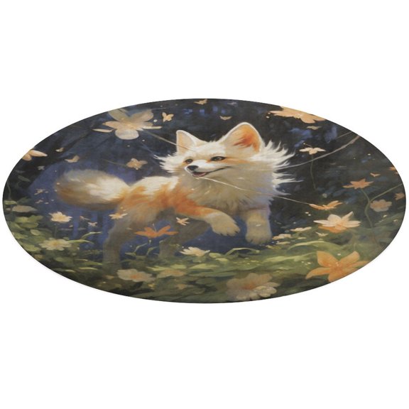 Nine Tailed Fox Chasing Butterfly Round Rugs -Washable Non-Slip Small Round Area Rug Throw Soft Circle Rugs for Bedroom, Modern Print Indoor Carpet for Entryway Sofa Living Room