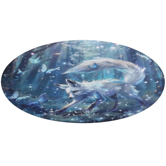 Nine Tailed Fox Chasing Butterfly Round Small Area Rug, Print Non Slip Washable Floor Mat, Soft Throw Rug for Living Room, Powder Room Entryway, Bathroom, Bedside