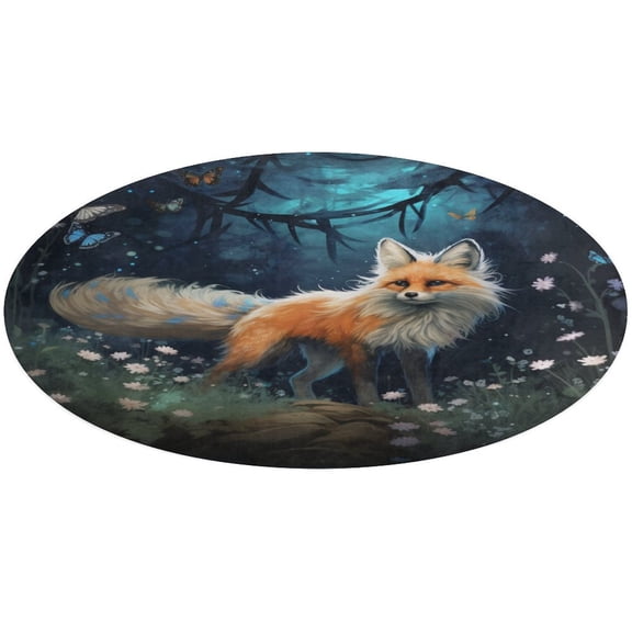 Nine Tailed Fox Chasing Butterfly Round Small Area Rug, Print Non Slip Washable Floor Mat, Soft Throw Rug for Living Room, Powder Room Entryway, Bathroom, Bedside