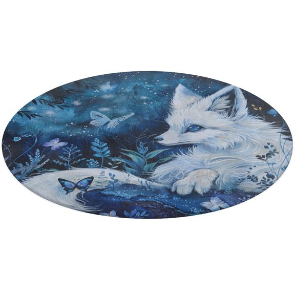 Nine Tailed Fox Chasing Butterfly Round Small Area Rug, Print Non Slip Washable Floor Mat, Soft Throw Rug for Living Room, Powder Room Entryway, Bathroom, Bedside