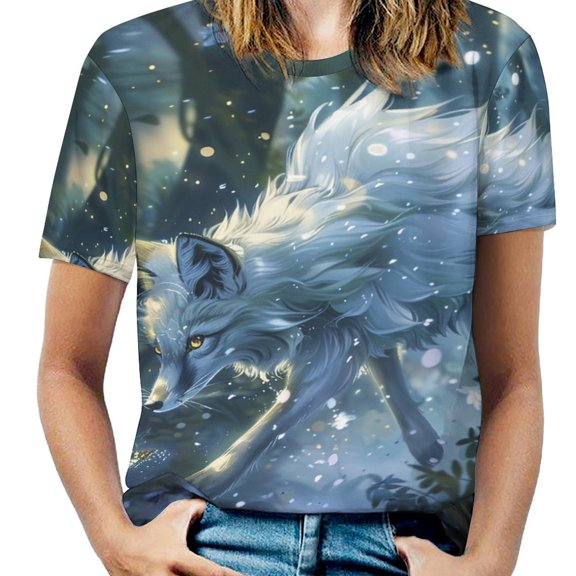 Nine Tailed Fox Chasing Butterfly T Shirts Basic T-Shirt Short Sleeve Ladies Tee Shirt Summer Graphic Clothing