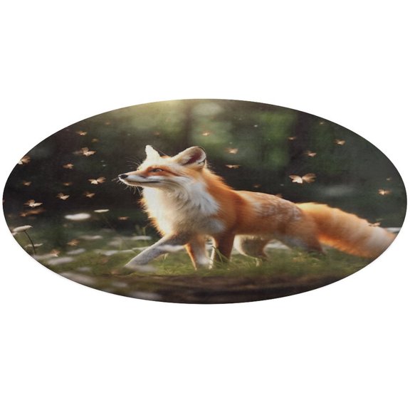 Nine Tailed Fox Chasing Butterfly Washable Round Rug -Circle Area Rugs for Nursery Bedroom, Vintage Non Slip Non Shedding Low Pile Carpet for Living Room Coffee Table Entryway