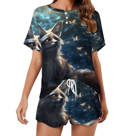 Nine Tailed Fox Chasing Butterfly Women's Ruffle Short Sleeve Tops And Shorts Cute Peeps Bunny Pajamas Sets