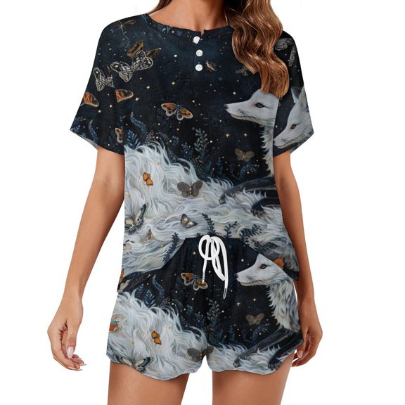 Nine Tailed Fox Chasing Butterfly Women's Ruffle Short Sleeve Tops And Shorts Cute Peeps Bunny Pajamas Sets
