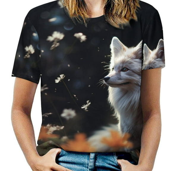 Nine Tailed Fox Chasing Butterfly Womens Tops Women's Fashion Casual Short Sleeve Flower Print Round Neck Pullover Top Blouse