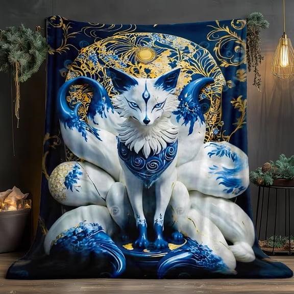 Nine Tailed Fox Pattern Print Flannel Throw Blanket