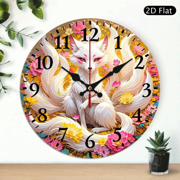 Nine-Tailed Fox Wall Clock, Mystical Anime Fantasy Floral Decorative Round Clock, 10x10 Inch, 1pc, Battery Not Included