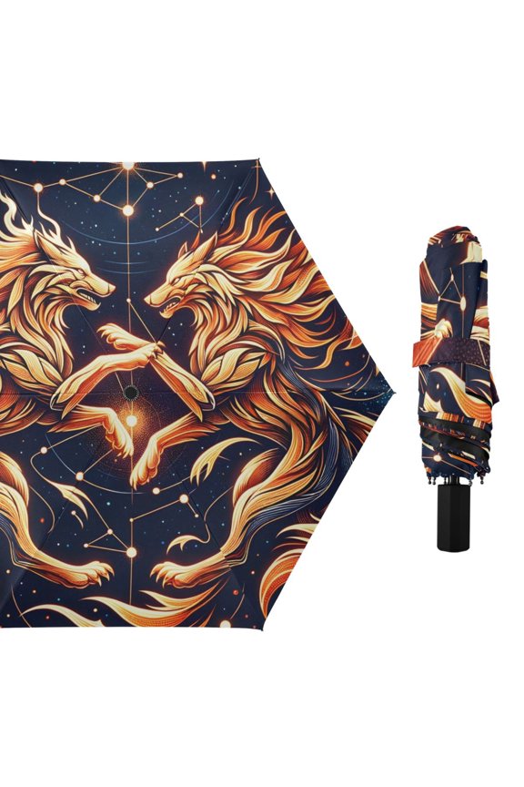 Nine Tailed Foxes Fighting Compact Sun Umbrella Windproof Travel Umbrellas for Rain Strong Portable UV Protection