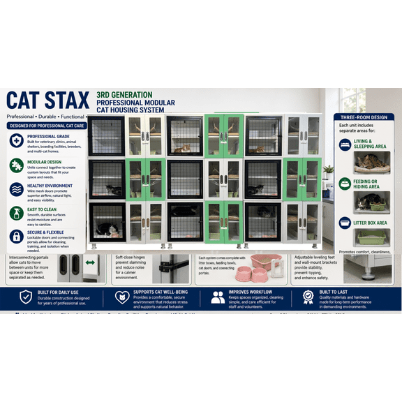 Nine Unit Cat STAX 3rd Generation Professional Modular Cat Housing System for Veterinary Clinics, Animal Shelters & Boarding Facilities