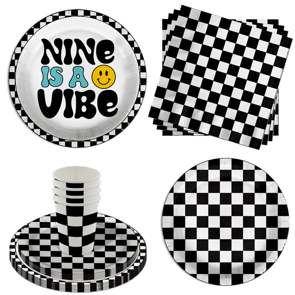 Nine is a Vibe Smiley Face 9th Birthday Party Supplies 64 Piece Tableware Set Includes Large 9" Dinner Plate and Small Dessert Plates Cups and Napkins Tableware Kit for 16