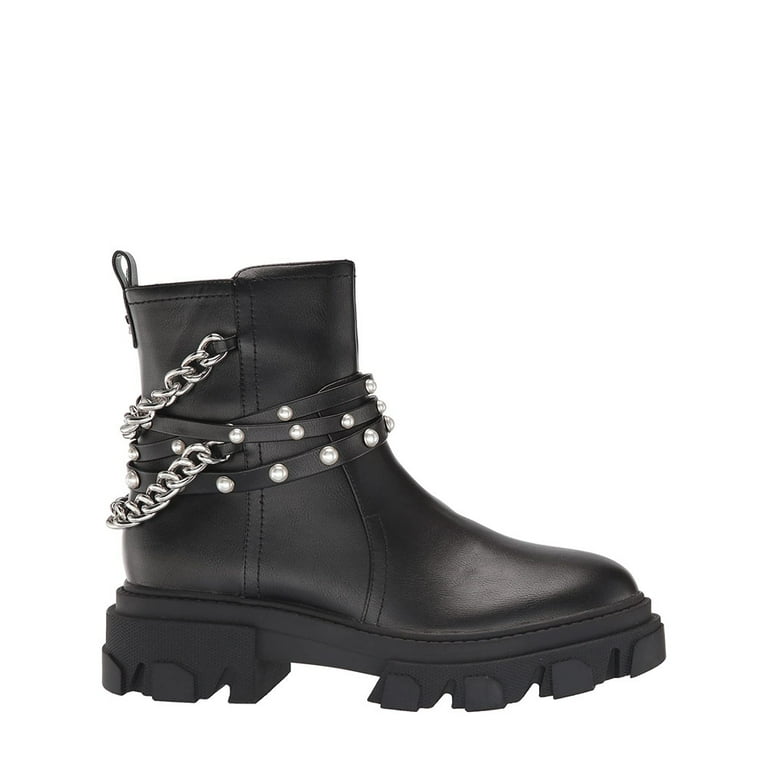 Nine West Cearlz3 Black Leather Zip Closure Chain Detailed Leather