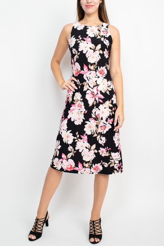 Crew Neck Sleeveless Floral Print Zipper Back A-Line ITY Dress-TUTU PINK COMBO / 6