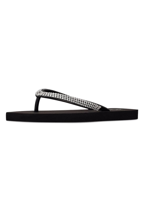 Nine West FLIPS8 Black Rhinestones Slip On Flat Flip Flops Thong Sandals (Black, 7)