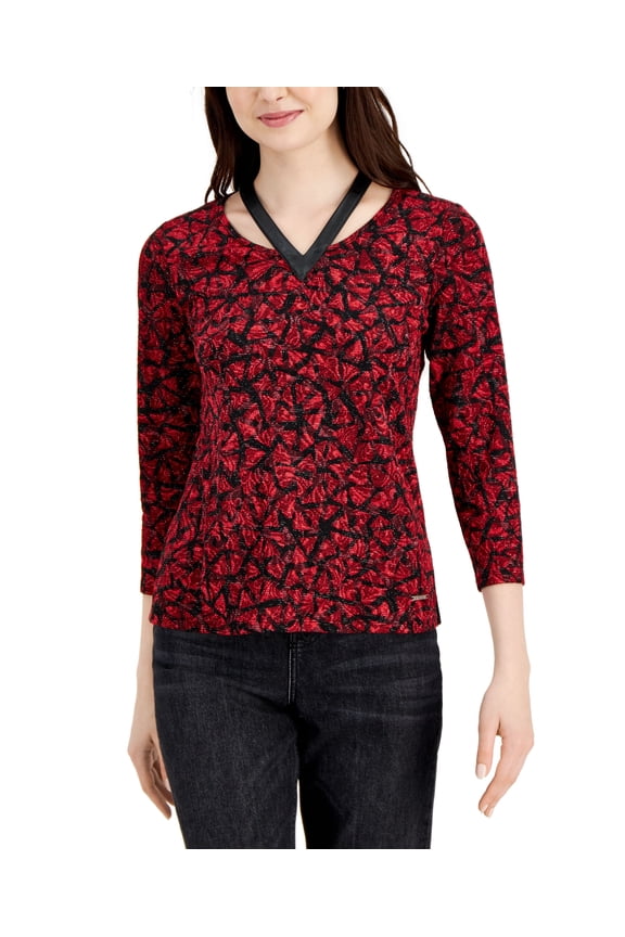 Faux Leather Trim Top Fire Red Print XS