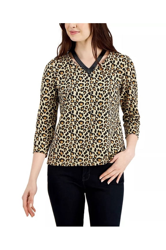 Faux Leather Trim Top Tan Animal S