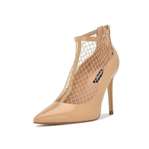 Nine West Fishnet Light Natural Patent Pointy Toe Stiletto Heel Ankle Strap Pump (Light Natural Patent, 12)