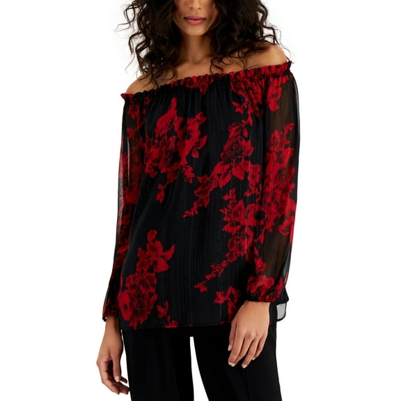 Nine West Foil Printed 3/4 Sleeve Blouse Blackred Combo S