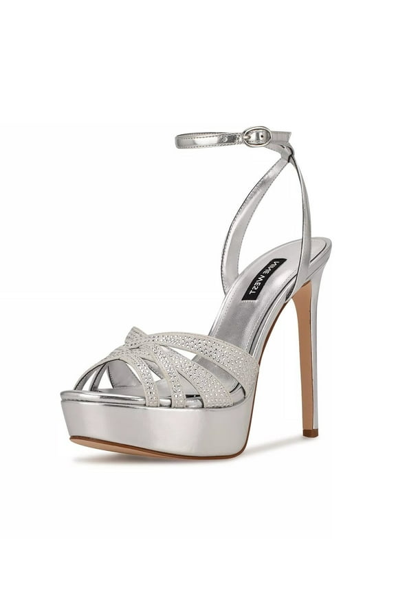 Go Big2 Silver40 Stiletto Heel Ankle Strap Open Toe Heeled Sandals (Silver, 9.5)