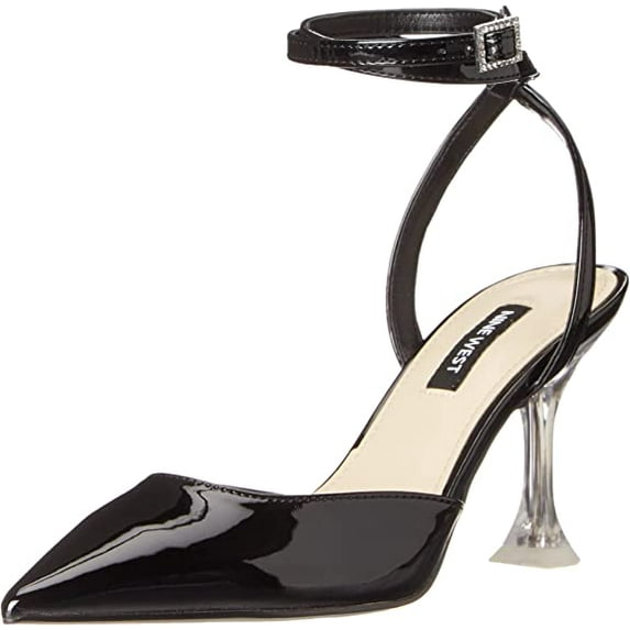 Nine West Harlowe Black Patent Leather Spool Heel Pointed Toe Ankle Strap Pumps (Black Patent Leather, 5)