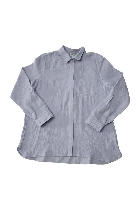 Ladies Long Sleeve Chest Pocket High Low Hem Double Gauze Button Up (Cosmic Sky, XS)