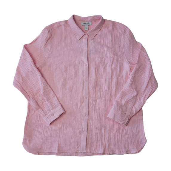 Nine West Ladies Long Sleeve Chest Pocket High Low Hem Double Gauze Button Up (Pink Dogwood, XL)