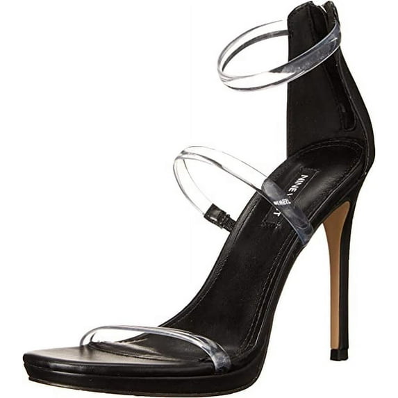 Nine West Leah 3 Black Rounded Open Toe Zip Closure Stiletto Heeled Sandals (Black, 9.5)