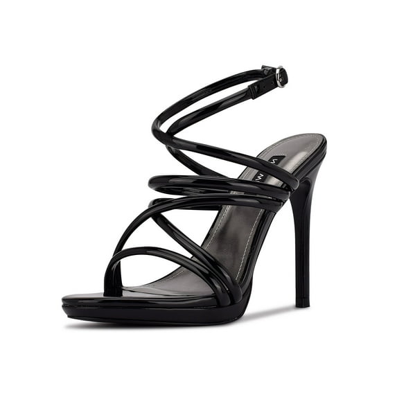 Nine West Lexy 3 Black Rounded Open Toe Buckle Closure Stiletto Heeled Sandals (Black, 10)