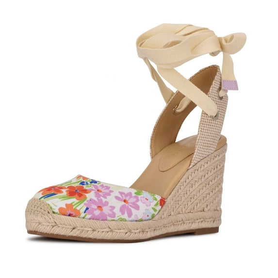 Nine West Multi Floral Tie Up Ankle Wrap Rounded Espadrille Wedge Heeled Sandals (White Multi, 6)