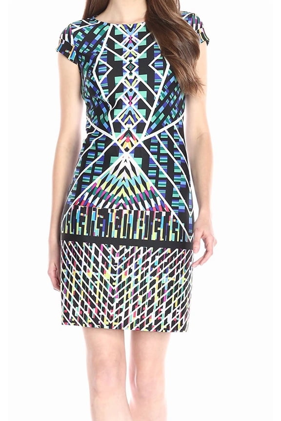 NEW Blue Womens Size 8 Cap-Sleeve Mix-Print Sheath Dress