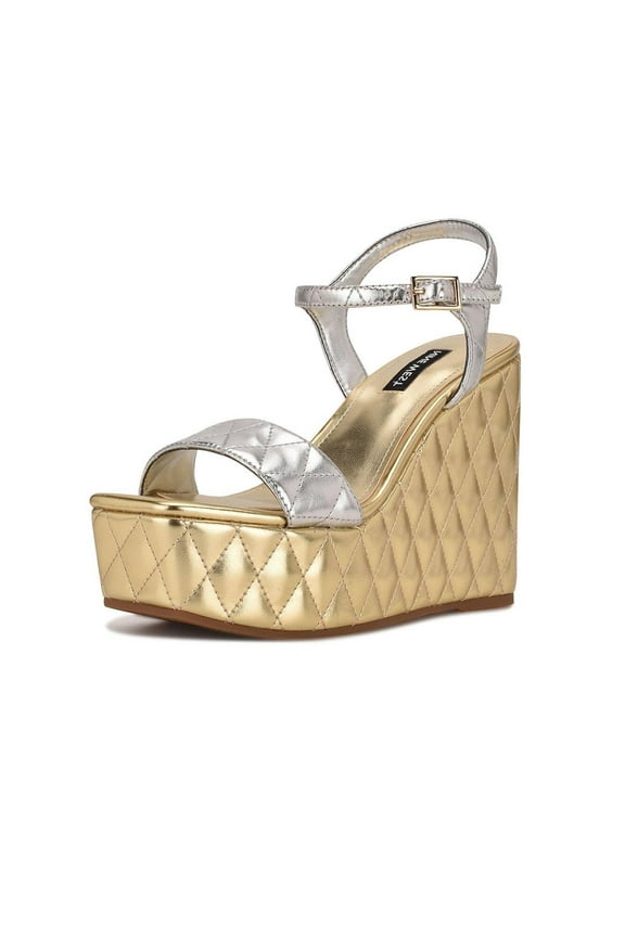 Nila Silver Buckle Closure Squared Open Toe Platform Wedge Sandal (Silver, 10)